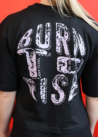 Détail imprimé BURN TO RISE sur T-shirt femme EMBERIA Phoenix Barbell